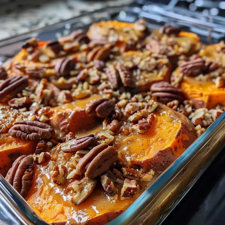 ['Close-up view of a steaming Sweet Potato Casserole topped with a crumbly brown sugar and butter topping.', 'Side angle of a baked Sweet Potato Casserole showcasing a golden-brown crust and rich, orange filling.', 'Delicious Sweet Potato Casserole presented in a dish, highlighting the creamy texture and sweet topping.', 'Detailed image of Sweet Potato Casserole with a buttery topping, capturing its moist interior and vibrant color.']