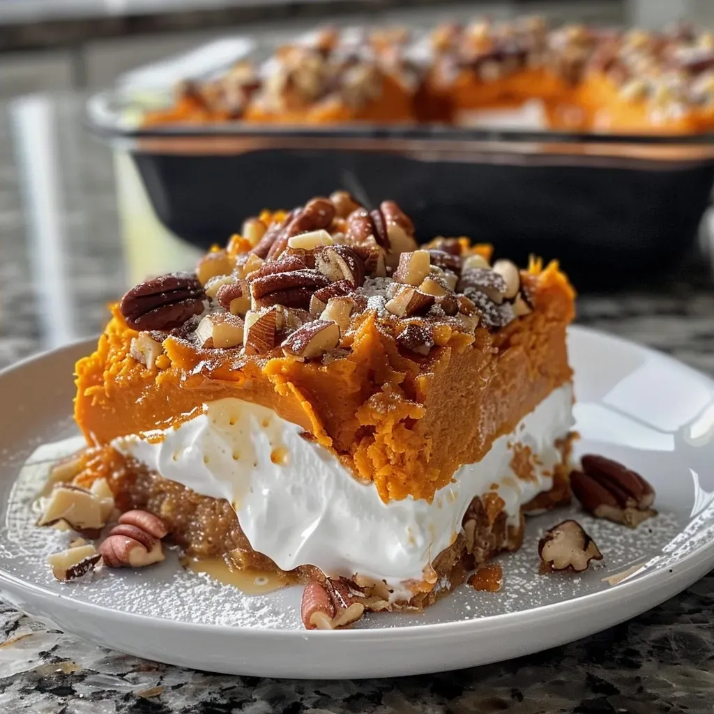 ['Close-up view of a steaming Sweet Potato Casserole topped with a crumbly brown sugar and butter topping.', 'Side angle of a baked Sweet Potato Casserole showcasing a golden-brown crust and rich, orange filling.', 'Delicious Sweet Potato Casserole presented in a dish, highlighting the creamy texture and sweet topping.', 'Detailed image of Sweet Potato Casserole with a buttery topping, capturing its moist interior and vibrant color.']