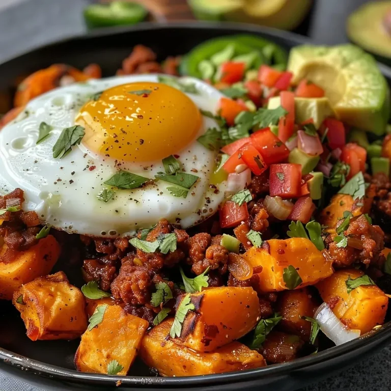 ['Close-up view of Sweet Potato Chorizo Hash, featuring diced sweet potatoes, chorizo, and eggs.', 'Juicy Sweet Potato Chorizo Hash with vibrant colors and toppings like jalapeños and cilantro.', 'Side view of a hearty breakfast dish, showcasing sweet potatoes, eggs, and fresh garnishes.', 'Delicious Sweet Potato Chorizo Hash presented on a plate, highlighting its rich ingredients.']