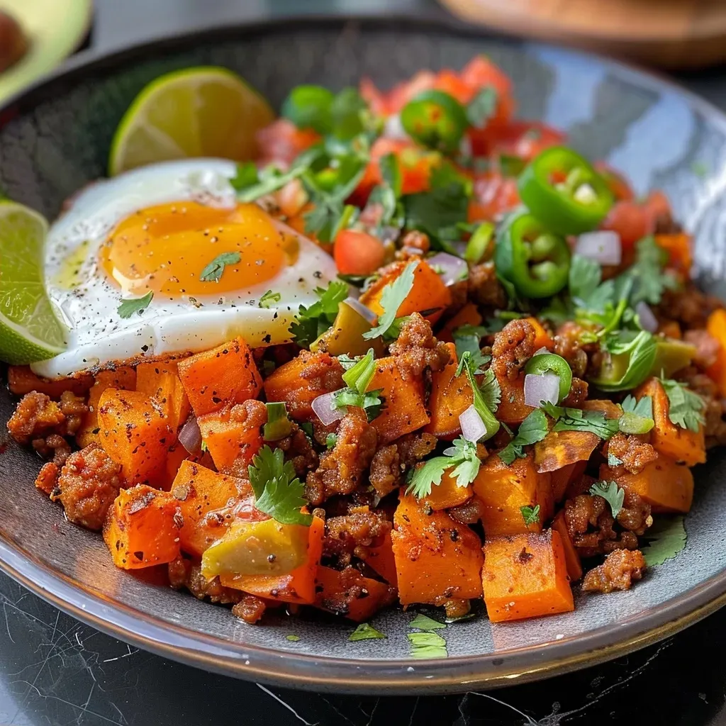 ['Close-up view of Sweet Potato Chorizo Hash, featuring diced sweet potatoes, chorizo, and eggs.', 'Juicy Sweet Potato Chorizo Hash with vibrant colors and toppings like jalapeños and cilantro.', 'Side view of a hearty breakfast dish, showcasing sweet potatoes, eggs, and fresh garnishes.', 'Delicious Sweet Potato Chorizo Hash presented on a plate, highlighting its rich ingredients.']