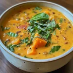 ['Close-up view of a bowl of vibrant Sweet Potato Curry Soup topped with fresh herbs.', 'Side view of creamy Sweet Potato Curry Soup garnished with red chili flakes and basil.', 'Juicy Sweet Potato Curry Soup in a white bowl with spinach and coconut cream on top.', 'Rich and colorful Sweet Potato Curry Soup featuring diced sweet potatoes and lentils.']