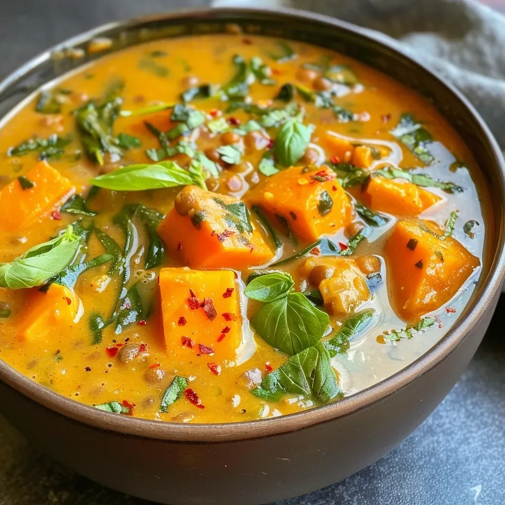 ['Close-up view of a bowl of vibrant Sweet Potato Curry Soup topped with fresh herbs.', 'Side view of creamy Sweet Potato Curry Soup garnished with red chili flakes and basil.', 'Juicy Sweet Potato Curry Soup in a white bowl with spinach and coconut cream on top.', 'Rich and colorful Sweet Potato Curry Soup featuring diced sweet potatoes and lentils.']