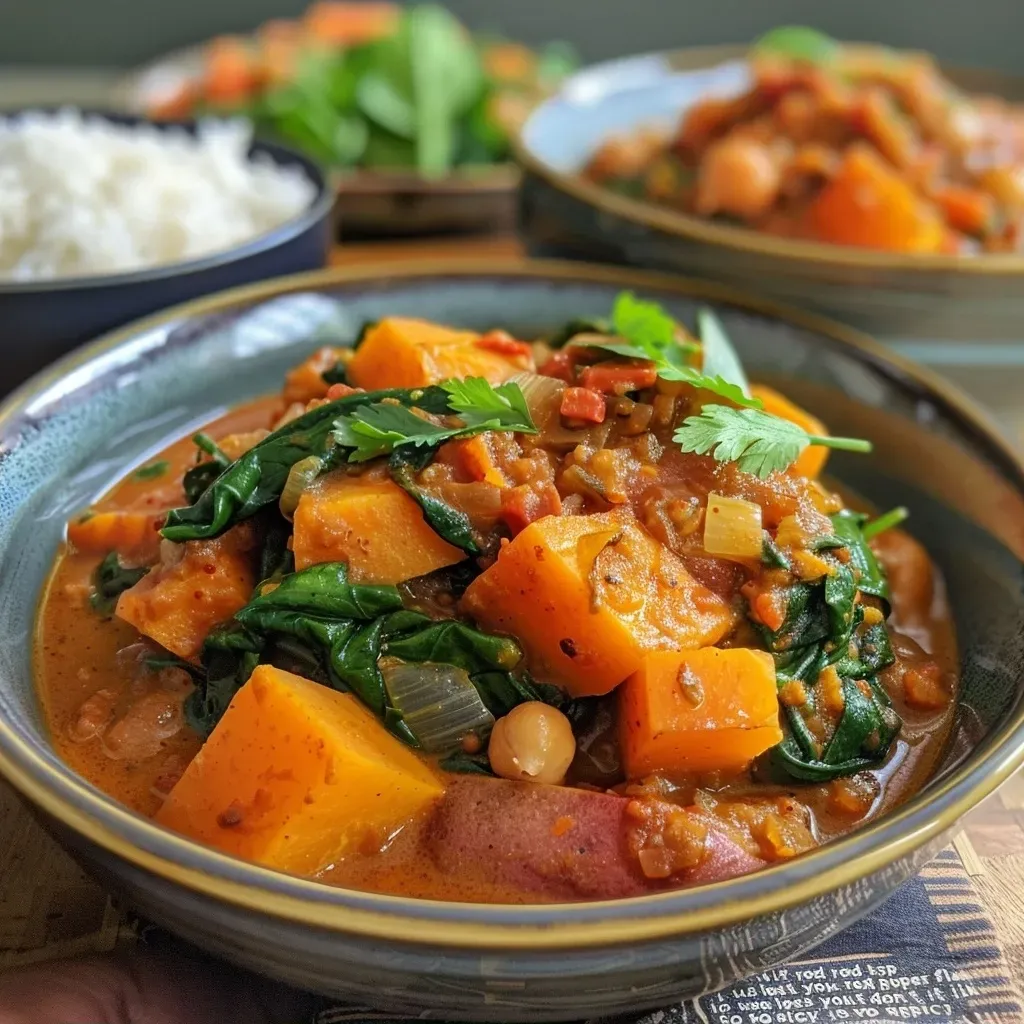 ['Close-up view of a vibrant sweet potato curry with chickpeas and spinach.', 'Bowl filled with thick sweet potato curry, garnished with fresh herbs.', 'Delicious sweet potato curry featuring chunks of sweet potatoes and leafy greens.', 'Colorful sweet potato curry showcasing spices, coconut milk, and vegetables.']