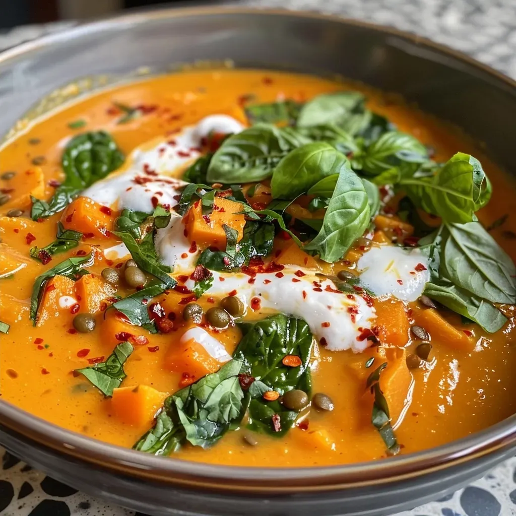 ['Close-up view of a vibrant sweet potato curry with chickpeas and spinach.', 'Bowl filled with thick sweet potato curry, garnished with fresh herbs.', 'Delicious sweet potato curry featuring chunks of sweet potatoes and leafy greens.', 'Colorful sweet potato curry showcasing spices, coconut milk, and vegetables.']