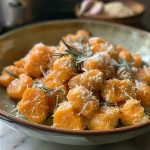 ['Juicy sweet potato gnocchi served on a white plate, garnished with herbs and parmesan.', 'Close-up of colorful sweet potato gnocchi, showcasing the texture and ingredients.', 'Plate of sweet potato gnocchi with butter sauce and a sprinkle of fresh rosemary.', 'A side view of sweet potato gnocchi, highlighting its vibrant orange color and creamy texture.']
