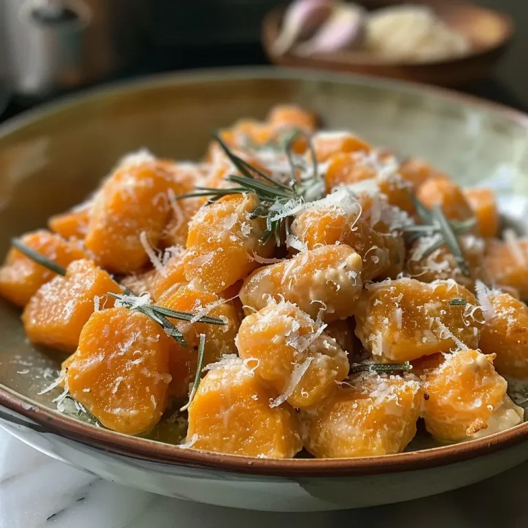 ['Juicy sweet potato gnocchi served on a white plate, garnished with herbs and parmesan.', 'Close-up of colorful sweet potato gnocchi, showcasing the texture and ingredients.', 'Plate of sweet potato gnocchi with butter sauce and a sprinkle of fresh rosemary.', 'A side view of sweet potato gnocchi, highlighting its vibrant orange color and creamy texture.']