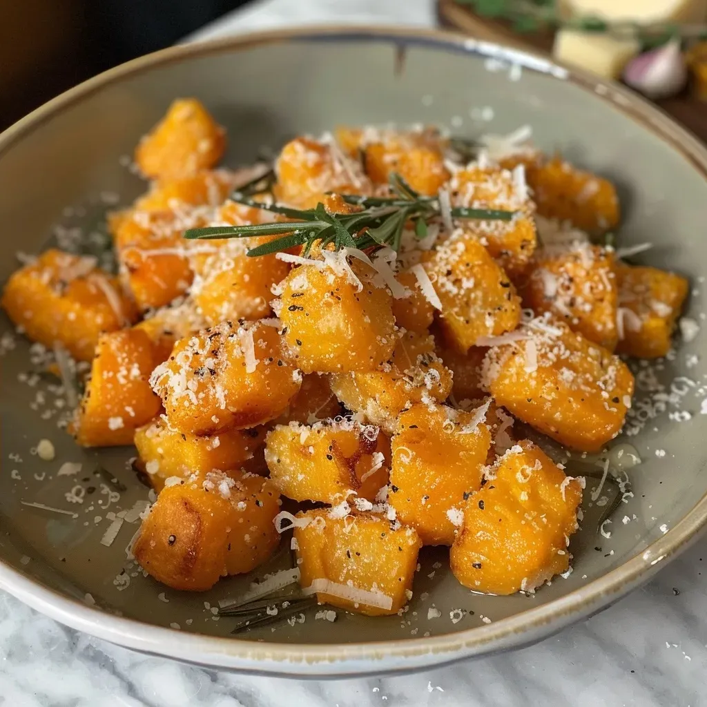 ['Juicy sweet potato gnocchi served on a white plate, garnished with herbs and parmesan.', 'Close-up of colorful sweet potato gnocchi, showcasing the texture and ingredients.', 'Plate of sweet potato gnocchi with butter sauce and a sprinkle of fresh rosemary.', 'A side view of sweet potato gnocchi, highlighting its vibrant orange color and creamy texture.']