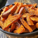 ['Close-up side view of golden-brown sweet potato fries topped with flax seeds.', 'Juicy sweet potato fries on a plate, seasoned with sea salt and sprinkled with cinnamon.', 'A portion of crispy sweet potato fries with a glistening glaze from maple syrup.', 'Handcrafted sweet potato fries with flax and spices, displayed on a wooden surface.']