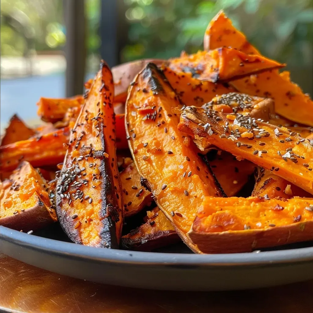['Close-up side view of golden-brown sweet potato fries topped with flax seeds.', 'Juicy sweet potato fries on a plate, seasoned with sea salt and sprinkled with cinnamon.', 'A portion of crispy sweet potato fries with a glistening glaze from maple syrup.', 'Handcrafted sweet potato fries with flax and spices, displayed on a wooden surface.']