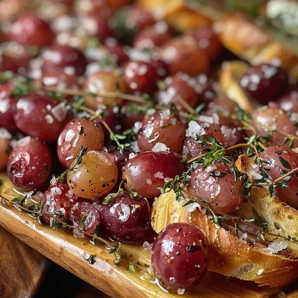 ['Close-up of thyme-roasted grapes served with creamy ricotta on grilled bread.', 'Side view of a plate featuring juicy thyme-roasted grapes and fresh ricotta on toasted slices.', 'Delicious thyme-roasted grapes garnished with fresh thyme, served on rustic bread with ricotta.', 'Appetizing shot of grilled bread topped with ricotta and vibrant thyme-roasted grapes.']