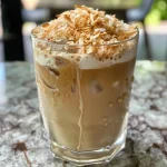 ['A close-up side view of a toasted coconut iced latte in a glass.', 'A refreshing iced latte topped with toasted coconut flakes and a straw.', 'A creamy iced latte with a sprinkle of coconut on top, set against a blurred background.', 'A delicious iced coffee drink featuring coconut sugar and a hint of vanilla.']