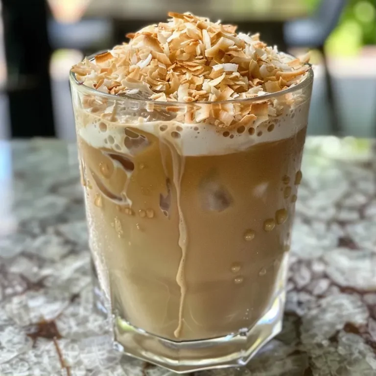 ['A close-up side view of a toasted coconut iced latte in a glass.', 'A refreshing iced latte topped with toasted coconut flakes and a straw.', 'A creamy iced latte with a sprinkle of coconut on top, set against a blurred background.', 'A delicious iced coffee drink featuring coconut sugar and a hint of vanilla.']
