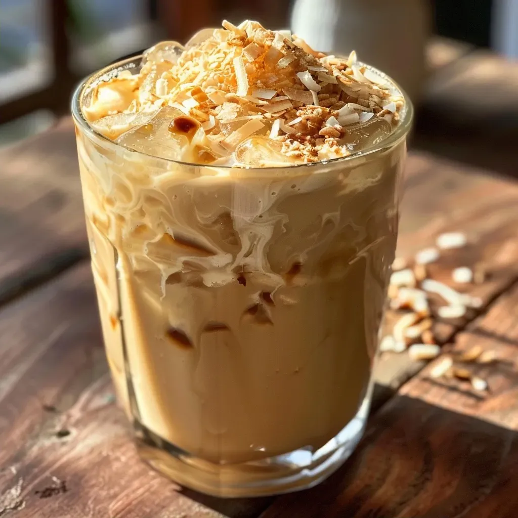 ['A close-up side view of a toasted coconut iced latte in a glass.', 'A refreshing iced latte topped with toasted coconut flakes and a straw.', 'A creamy iced latte with a sprinkle of coconut on top, set against a blurred background.', 'A delicious iced coffee drink featuring coconut sugar and a hint of vanilla.']