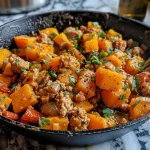 ['Close-up shot of a Turkey Butternut Squash Skillet with colorful ingredients.', 'Side view of a skillet filled with Turkey and cubed butternut squash.', 'Juicy Turkey Butternut Squash dish garnished with herbs in a skillet.', 'A vibrant Turkey Butternut Squash Skillet showcasing vegetables and cheese.']