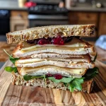 ['A close-up view of a Turkey Cranberry Brie Sandwich on sprouted grain bread.', 'Side view of a sandwich featuring turkey, brie, and cranberry sauce.', 'A juicy Turkey Cranberry Brie Sandwich with visible layers of ingredients.', 'An appetizing sandwich stacked with turkey, brie, and cranberry, garnished with greens.']