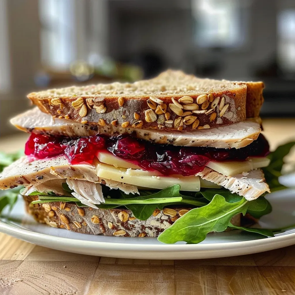 ['A close-up view of a Turkey Cranberry Brie Sandwich on sprouted grain bread.', 'Side view of a sandwich featuring turkey, brie, and cranberry sauce.', 'A juicy Turkey Cranberry Brie Sandwich with visible layers of ingredients.', 'An appetizing sandwich stacked with turkey, brie, and cranberry, garnished with greens.']
