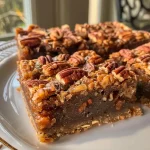 ['Close-up view of a delicious Turtle Bar with melted chocolate and pecans.', 'Side view of a Turtle Bar showcasing gooey caramel and chocolate layers.', 'Juicy Turtle Bar featuring a rich layer of chocolate chips and pecans on a plate.', 'Detailed shot of a Turtle Bar highlighting its chewy texture and sweet toppings.']