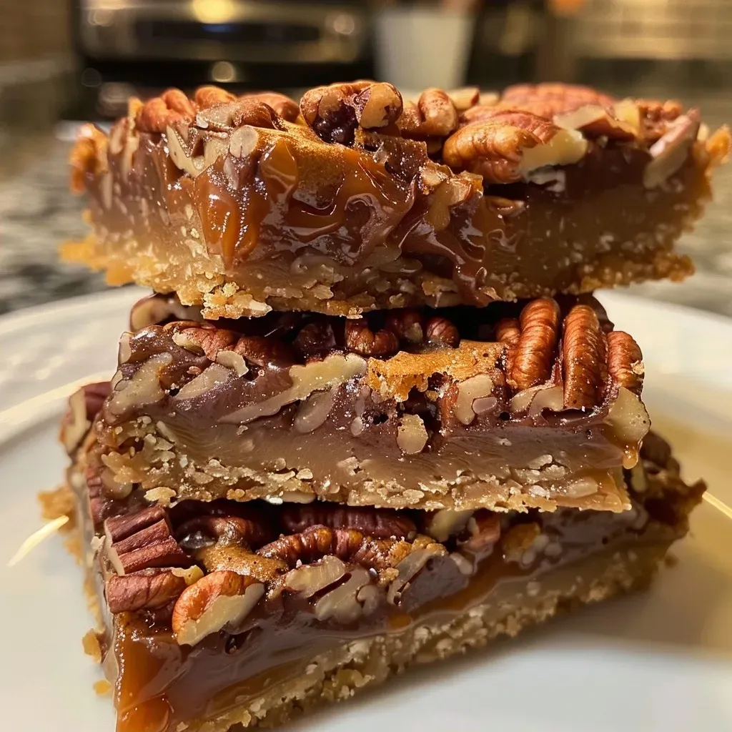 ['Close-up view of a delicious Turtle Bar with melted chocolate and pecans.', 'Side view of a Turtle Bar showcasing gooey caramel and chocolate layers.', 'Juicy Turtle Bar featuring a rich layer of chocolate chips and pecans on a plate.', 'Detailed shot of a Turtle Bar highlighting its chewy texture and sweet toppings.']