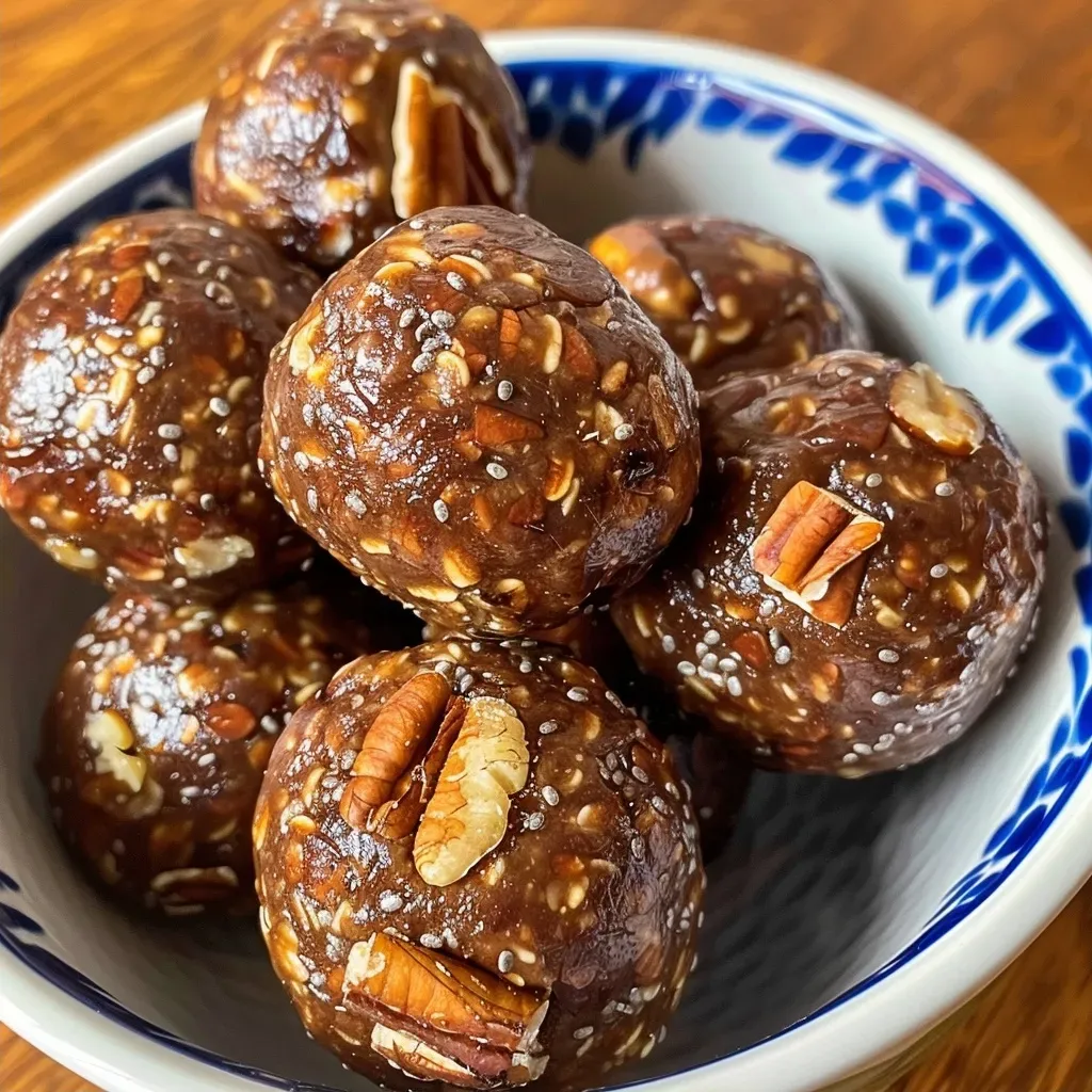 ['Close-up view of Turtle Energy Balls showcasing a rich, textured surface.', 'Side view of a Turtle Energy Ball with visible chocolate and nut layers.', 'Juicy Turtle Energy Balls displayed on a white plate, highlighting their glossy finish.', 'Detailed shot of a Turtle Energy Ball, emphasizing the medjool dates and nuts inside.']