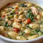 ['Close-up of a creamy bowl of Tuscan Chicken Gnocchi Soup with colorful ingredients.', 'Side view of a hearty soup featuring chicken, gnocchi, and spinach in a white bowl.', 'Portion of Tuscan Chicken Gnocchi Soup garnished with fresh basil and Parmesan cheese.', 'Juicy Tuscan Chicken Gnocchi Soup displayed in a rustic wooden bowl with vibrant colors.']