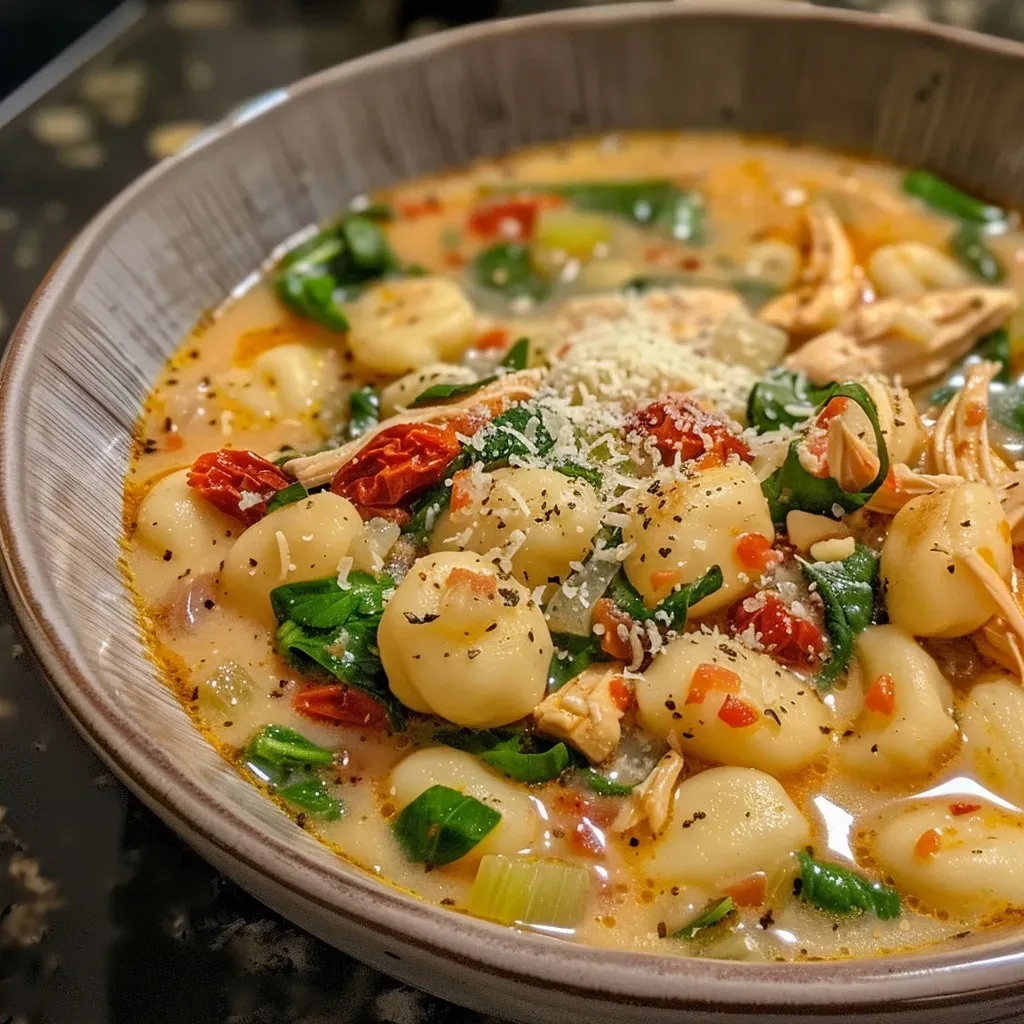 ['Close-up of a creamy bowl of Tuscan Chicken Gnocchi Soup with colorful ingredients.', 'Side view of a hearty soup featuring chicken, gnocchi, and spinach in a white bowl.', 'Portion of Tuscan Chicken Gnocchi Soup garnished with fresh basil and Parmesan cheese.', 'Juicy Tuscan Chicken Gnocchi Soup displayed in a rustic wooden bowl with vibrant colors.']