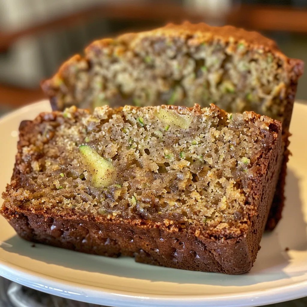 ['A close-up side view of a slice of apple cinnamon zucchini bread, showcasing its moist texture and apple chunks.', 'A detailed side angle of freshly baked apple cinnamon zucchini bread with visible cinnamon speckles and green zucchini.', 'A slice of apple cinnamon zucchini bread on a plate, highlighting its fluffy interior and bits of apple and zucchini.', 'A side view of delicious apple cinnamon zucchini bread, revealing its crusty top and soft, spiced crumb.']