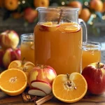 ['Close-up view of a glass filled with apple cider punch, garnished with fruit slices.', 'A side view of a refreshing apple cider punch in a clear glass, showcasing its vibrant color.', 'Detailed shot of apple cider punch with apples and oranges, served in a stylish glass.', 'Juicy apple cider punch presented with a cinnamon stick and fruit slices on the rim.']