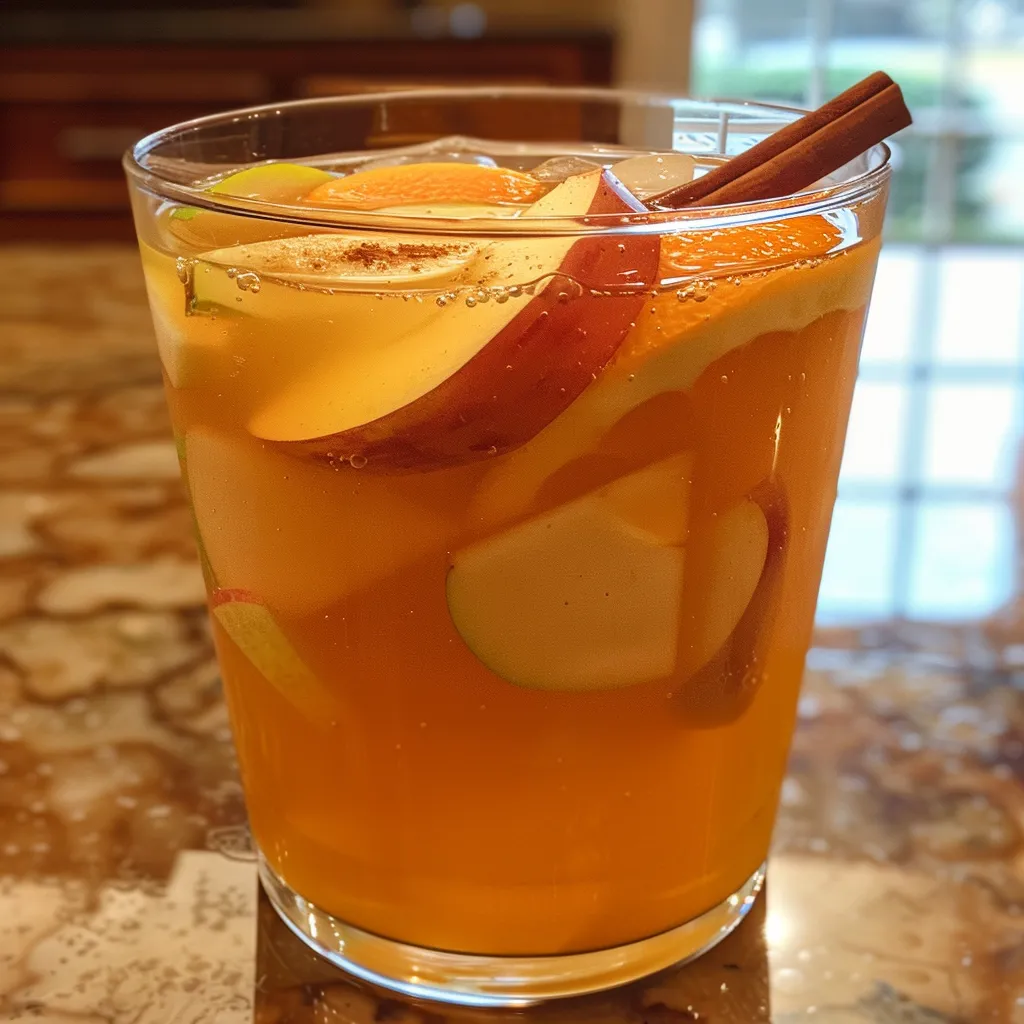 ['Close-up view of a glass filled with apple cider punch, garnished with fruit slices.', 'A side view of a refreshing apple cider punch in a clear glass, showcasing its vibrant color.', 'Detailed shot of apple cider punch with apples and oranges, served in a stylish glass.', 'Juicy apple cider punch presented with a cinnamon stick and fruit slices on the rim.']