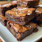 ['Close-up of a gooey caramel brownie with a shiny top and sprinkled flaky sea salt.', 'Side view of a thick chocolate brownie drizzled with melted caramel, highlighting its rich texture.', 'A decadent caramel brownie showcasing layers of chocolate and caramel, garnished with sea salt.', 'A tempting slice of brownie topped with caramel and salt, emphasizing its moist and chewy interior.']