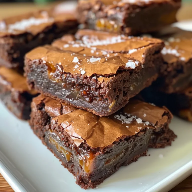 ['Close-up of a gooey caramel brownie with a shiny top and sprinkled flaky sea salt.', 'Side view of a thick chocolate brownie drizzled with melted caramel, highlighting its rich texture.', 'A decadent caramel brownie showcasing layers of chocolate and caramel, garnished with sea salt.', 'A tempting slice of brownie topped with caramel and salt, emphasizing its moist and chewy interior.']