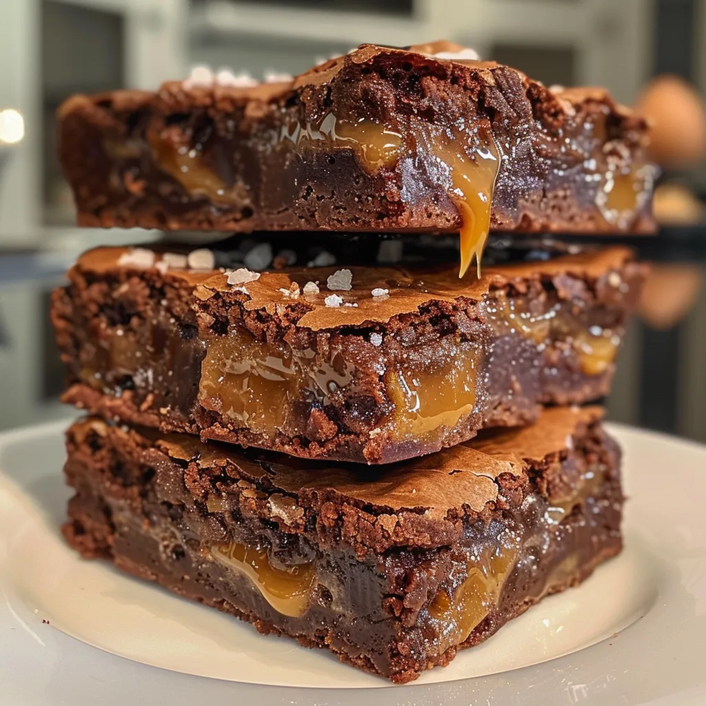 ['Close-up of a gooey caramel brownie with a shiny top and sprinkled flaky sea salt.', 'Side view of a thick chocolate brownie drizzled with melted caramel, highlighting its rich texture.', 'A decadent caramel brownie showcasing layers of chocolate and caramel, garnished with sea salt.', 'A tempting slice of brownie topped with caramel and salt, emphasizing its moist and chewy interior.']
