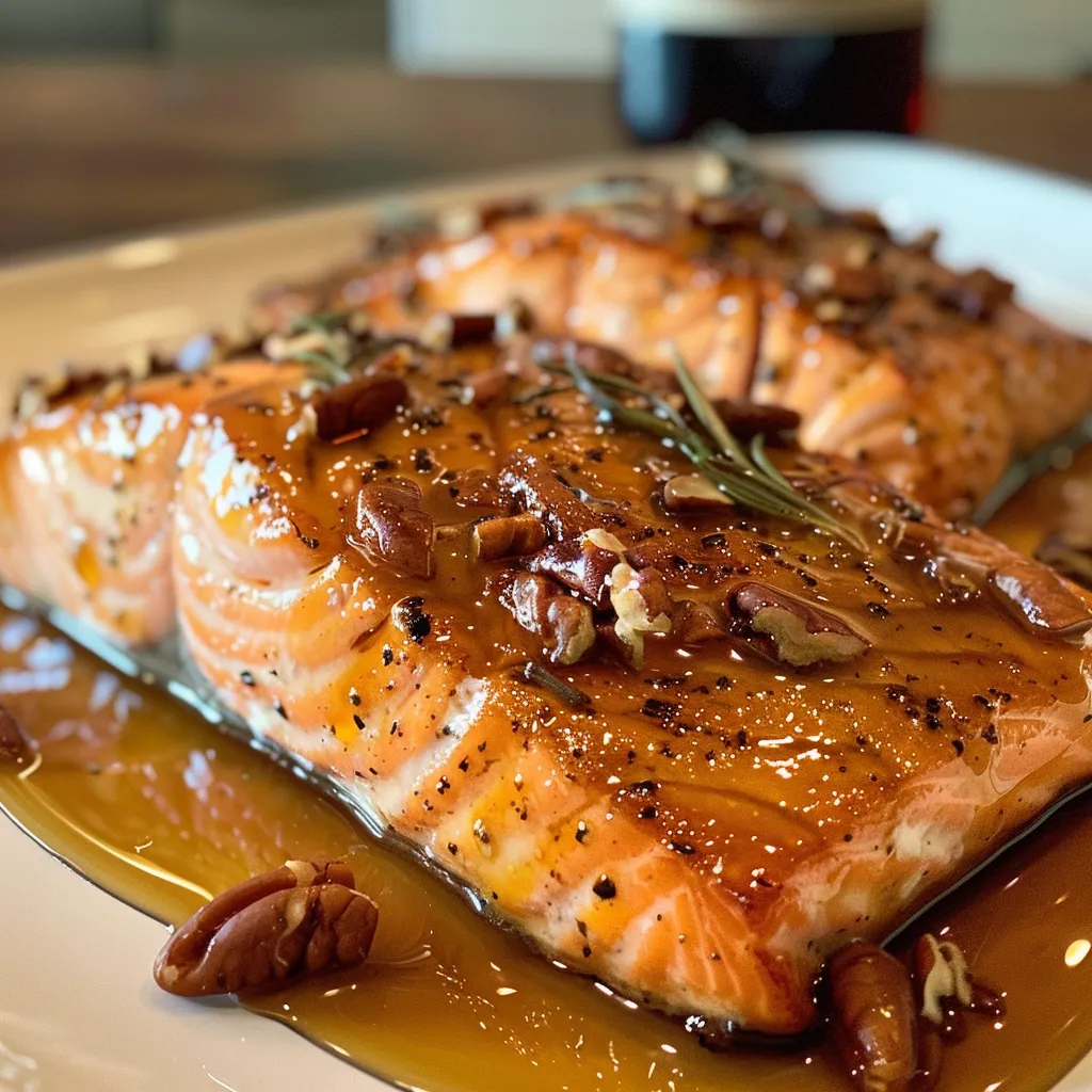 ['Close-up view of a glazed salmon fillet topped with chopped pecans and garnished with fresh rosemary and tangerine slices.', 'Juicy Maple Pecan Glazed Salmon on a plate, showing a golden-brown glaze and crunchy pecans.', 'Side view of a succulent salmon fillet drizzled with maple glaze, surrounded by rosemary and citrus slices.', 'Detailed close-up of a salmon fillet coated in a glossy maple pecan glaze with vibrant garnish.']
