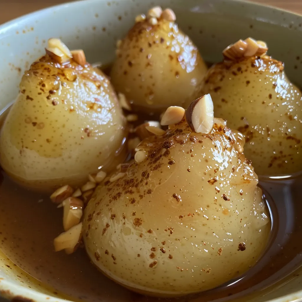 ['A close-up side view of poached pears spiced with chai, garnished with chopped hazelnuts.', 'Juicy Bosc pears poached in chai tea, displayed with a drizzle of honey and scattered hazelnuts.', 'Colorful presentation of chai spiced poached pears served on a plate, featuring garnishes of cream and hazelnuts.', 'A tempting close-up of chai-spiced poached pears, showcasing their juicy texture and topping of toasted hazelnuts.']