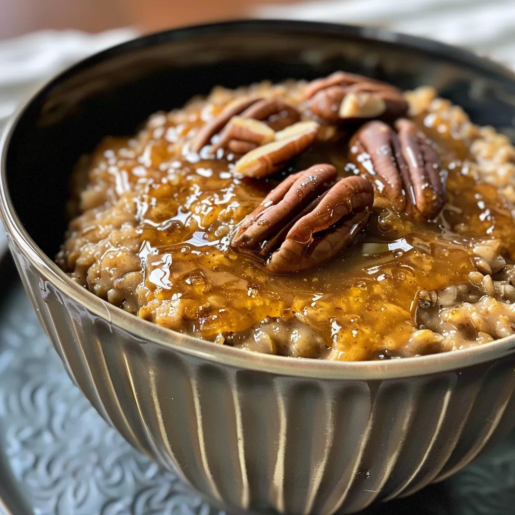 ['Close-up view of a bowl of Slow Cooker Pumpkin Pie Oatmeal topped with pecans.', 'Side view of creamy pumpkin pie oatmeal in a bowl with a sprinkle of spices.', 'Delicious pumpkin oatmeal served in a rustic bowl, showcasing ingredients and toppings.', 'Thick, hearty oatmeal infused with pumpkin and spices, garnished with nuts.']
