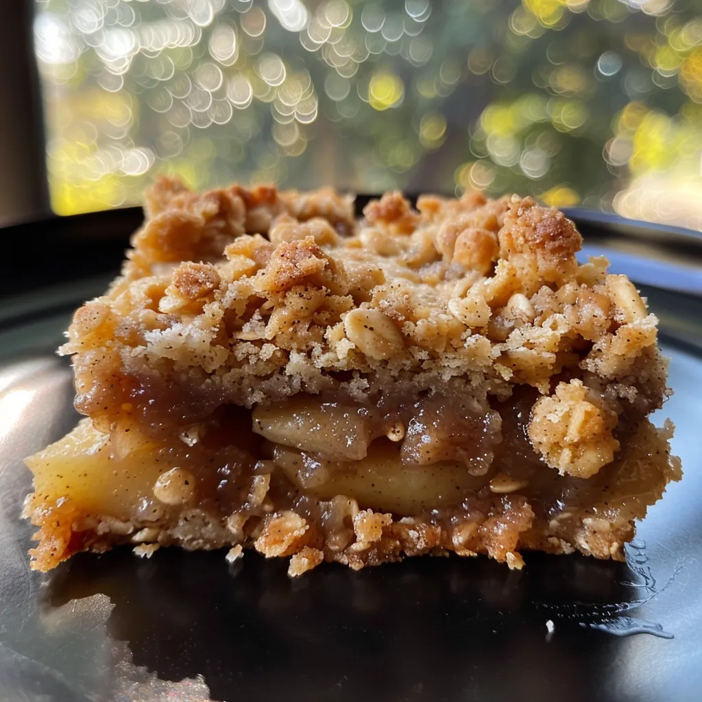 ['Close-up of apple cinnamon crumble bars with a golden brown topping.', 'Side view of deliciously baked apple cinnamon crumble bars on a white plate.', 'Juicy apple cinnamon crumble bars highlighting the crumbly topping and apple filling.', 'Appetizing slice of apple cinnamon crumble bar showcasing layers of crust and apple.']