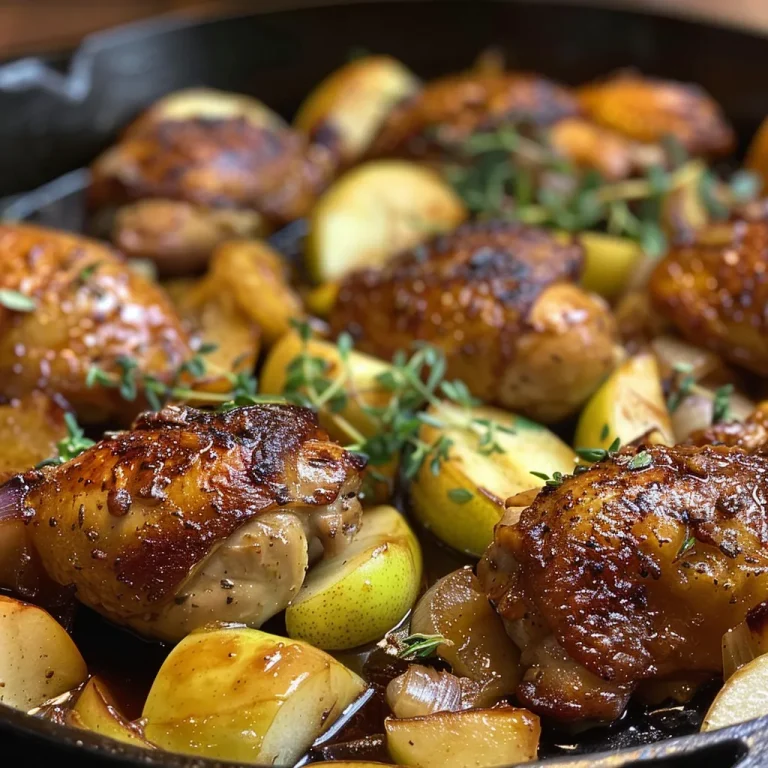 ['Close-up of Skillet Apple Cider Chicken with sliced apples and herbs.', 'Juicy chicken thighs cooked in apple cider sauce, garnished with fresh herbs.', 'Side view of a skillet filled with apple cider chicken and apple slices.', 'A delicious dish of Skillet Apple Cider Chicken presented in a cast iron skillet.']