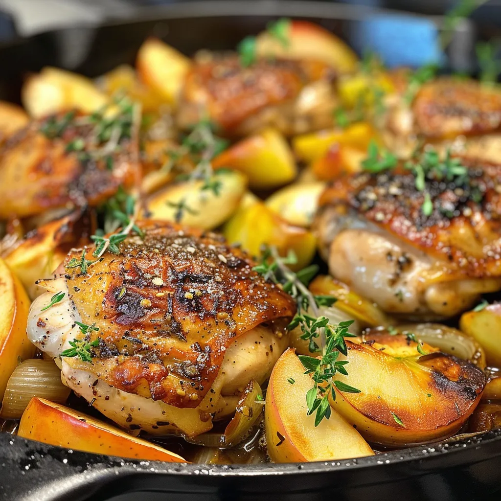 ['Close-up of Skillet Apple Cider Chicken with sliced apples and herbs.', 'Juicy chicken thighs cooked in apple cider sauce, garnished with fresh herbs.', 'Side view of a skillet filled with apple cider chicken and apple slices.', 'A delicious dish of Skillet Apple Cider Chicken presented in a cast iron skillet.']