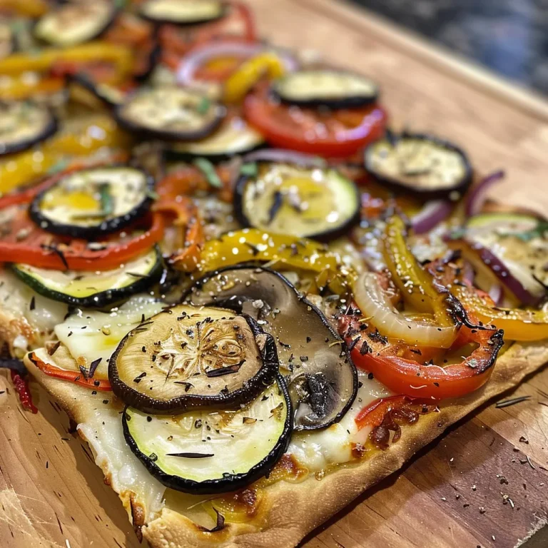 ['Close-up view of a Roasted Vegetable Flatbread with vibrant colors and textures.', 'Side view of a freshly baked Roasted Vegetable Flatbread showcasing toppings.', 'Juicy Roasted Vegetable Flatbread featuring a medley of vegetables and cheese.', 'Delicious Roasted Vegetable Flatbread presented on a rustic surface.']