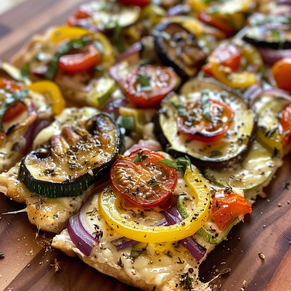 ['Close-up view of a Roasted Vegetable Flatbread with vibrant colors and textures.', 'Side view of a freshly baked Roasted Vegetable Flatbread showcasing toppings.', 'Juicy Roasted Vegetable Flatbread featuring a medley of vegetables and cheese.', 'Delicious Roasted Vegetable Flatbread presented on a rustic surface.']