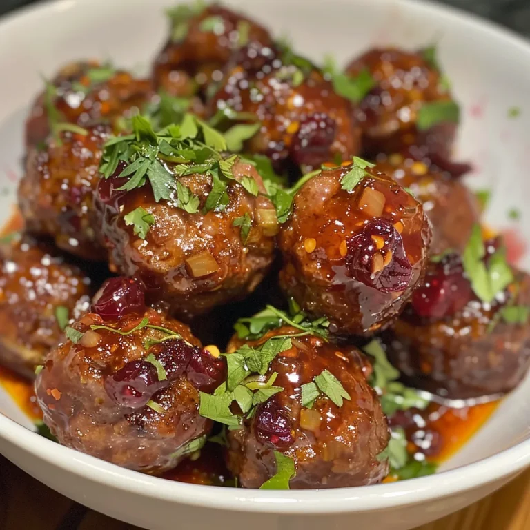 ['Succulent cranberry meatballs glazed with a red sauce.', 'Close-up view of juicy meatballs coated in a cranberry chili sauce.', 'Tasty meatballs surrounded by a shiny cranberry sauce in a bowl.', 'A side view of glistening meatballs immersed in rich cranberry sauce.']
