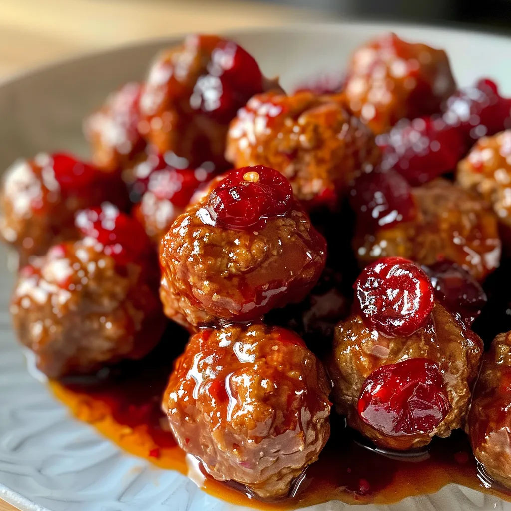 ['Succulent cranberry meatballs glazed with a red sauce.', 'Close-up view of juicy meatballs coated in a cranberry chili sauce.', 'Tasty meatballs surrounded by a shiny cranberry sauce in a bowl.', 'A side view of glistening meatballs immersed in rich cranberry sauce.']