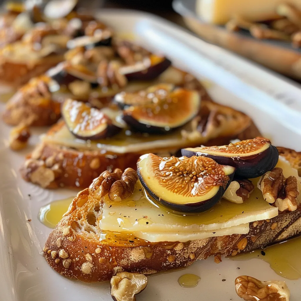 ['Close-up view of a fig and walnut crostini topped with cheese and honey.', 'Side view of crostini with fig jam, walnuts, and cheese, drizzled with honey.', 'Appetizing fig and walnut crostini on a wooden board, showcasing vibrant toppings.', 'Delicious crostini featuring fig jam, chopped walnuts, and Iberico cheese with a honey drizzle.']