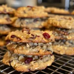 ['Close-up view of Cranberry Walnut Oatmeal Chocolate Chip Cookies with a golden-brown exterior and visible chocolate chips.', 'Side view of delicious, homemade oatmeal cookies featuring cranberries and walnuts, showcasing a soft texture.', 'Juicy chocolate chip cookies filled with cranberries and walnuts, captured in vibrant detail from a side angle.', 'Scrumptious oatmeal cookies with cranberries, walnuts, and chocolate chips, highlighting their rich, inviting appearance.']