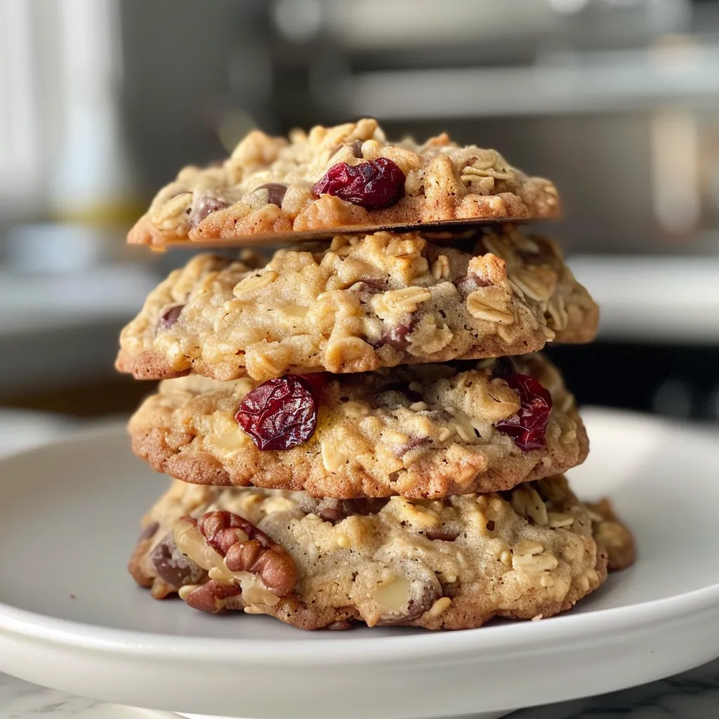 ['Close-up view of Cranberry Walnut Oatmeal Chocolate Chip Cookies with a golden-brown exterior and visible chocolate chips.', 'Side view of delicious, homemade oatmeal cookies featuring cranberries and walnuts, showcasing a soft texture.', 'Juicy chocolate chip cookies filled with cranberries and walnuts, captured in vibrant detail from a side angle.', 'Scrumptious oatmeal cookies with cranberries, walnuts, and chocolate chips, highlighting their rich, inviting appearance.']