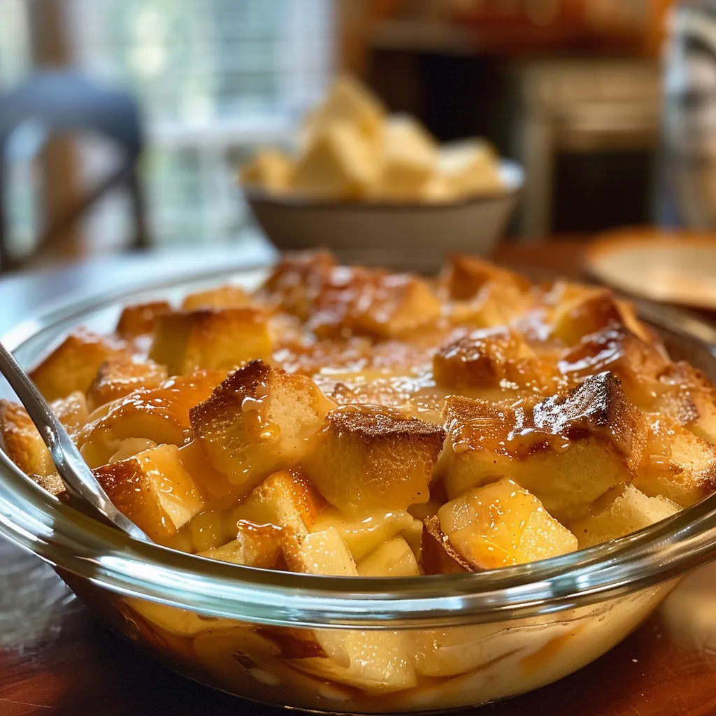 ['Close-up view of caramel apple bread pudding topped with a drizzle of caramel sauce.', 'Side angle of a golden-brown bread pudding with apple chunks and caramel glaze.', 'A warm serving of caramel apple bread pudding with rich caramel syrup on top.', 'Delicious bread pudding featuring chunks of baked apples, served in a dish.']