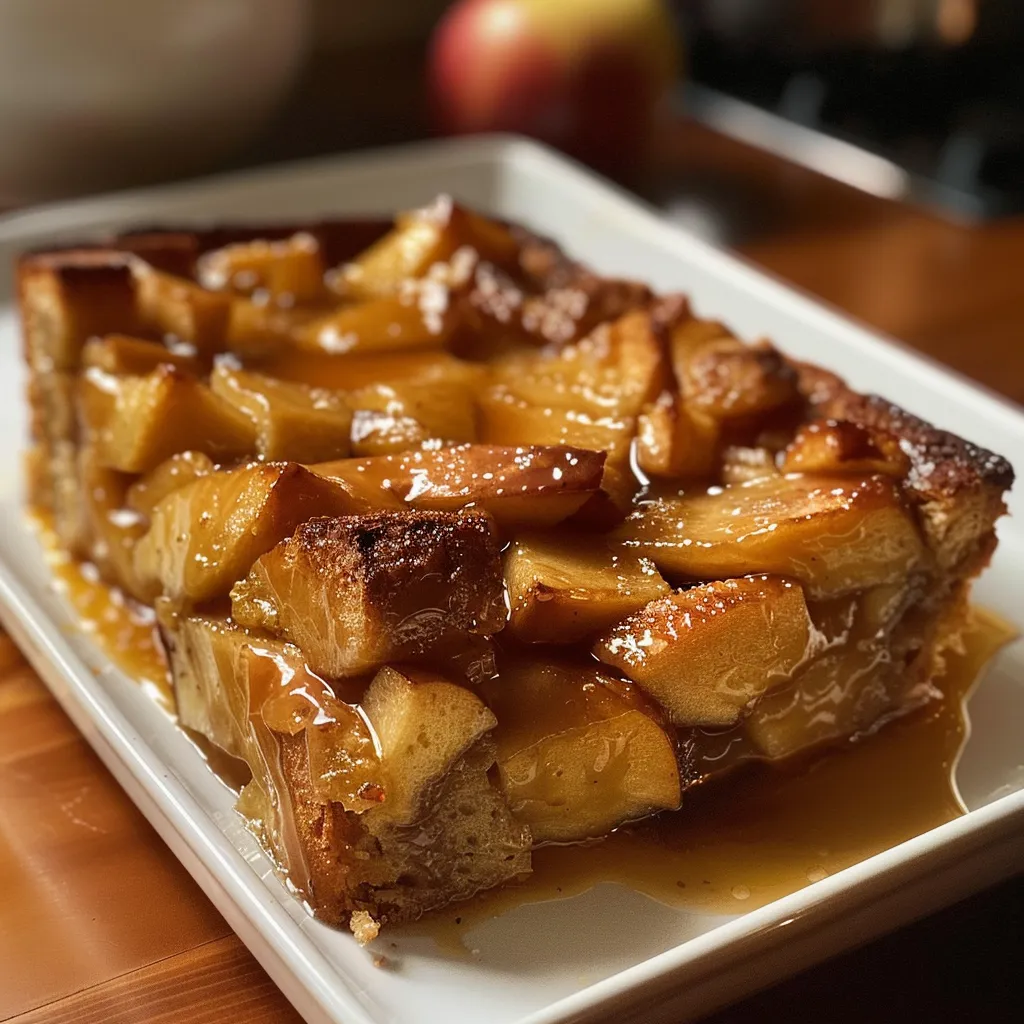 ['Close-up view of caramel apple bread pudding topped with a drizzle of caramel sauce.', 'Side angle of a golden-brown bread pudding with apple chunks and caramel glaze.', 'A warm serving of caramel apple bread pudding with rich caramel syrup on top.', 'Delicious bread pudding featuring chunks of baked apples, served in a dish.']