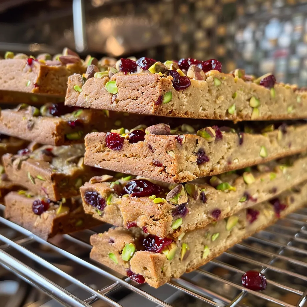 ['Close-up view of Cranberry Pistachio Biscotti with visible cranberries and pistachios.', 'Side view of freshly baked Cranberry Pistachio Biscotti showcasing its texture and ingredients.', 'Detailed photo of a golden-brown biscotti with chunks of cranberries and pistachios.', 'Close-up image of a biscotti featuring vibrant cranberries and green pistachios.']