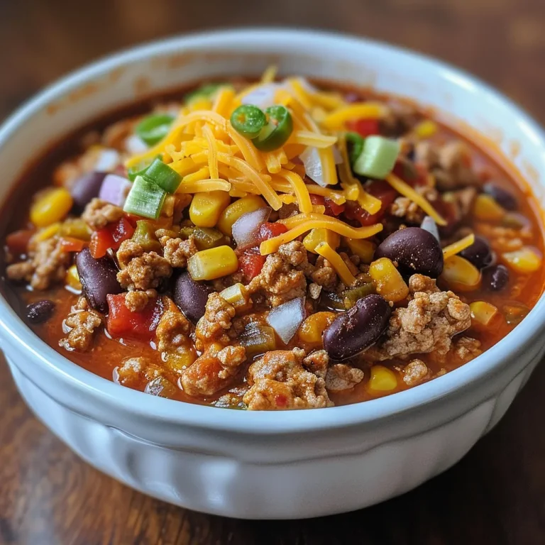 ['Close-up of a bowl filled with Crockpot Ground Turkey Chili, showcasing its rich colors and textures.', 'Side view of a hearty serving of Crockpot Ground Turkey Chili, featuring beans and fresh vegetables.', 'Juicy Crockpot Ground Turkey Chili in a bowl, with ingredients like ground turkey, beans, and corn visible.', 'Delicious Crockpot Ground Turkey Chili, highlighting its chunky ingredients and vibrant colors.']