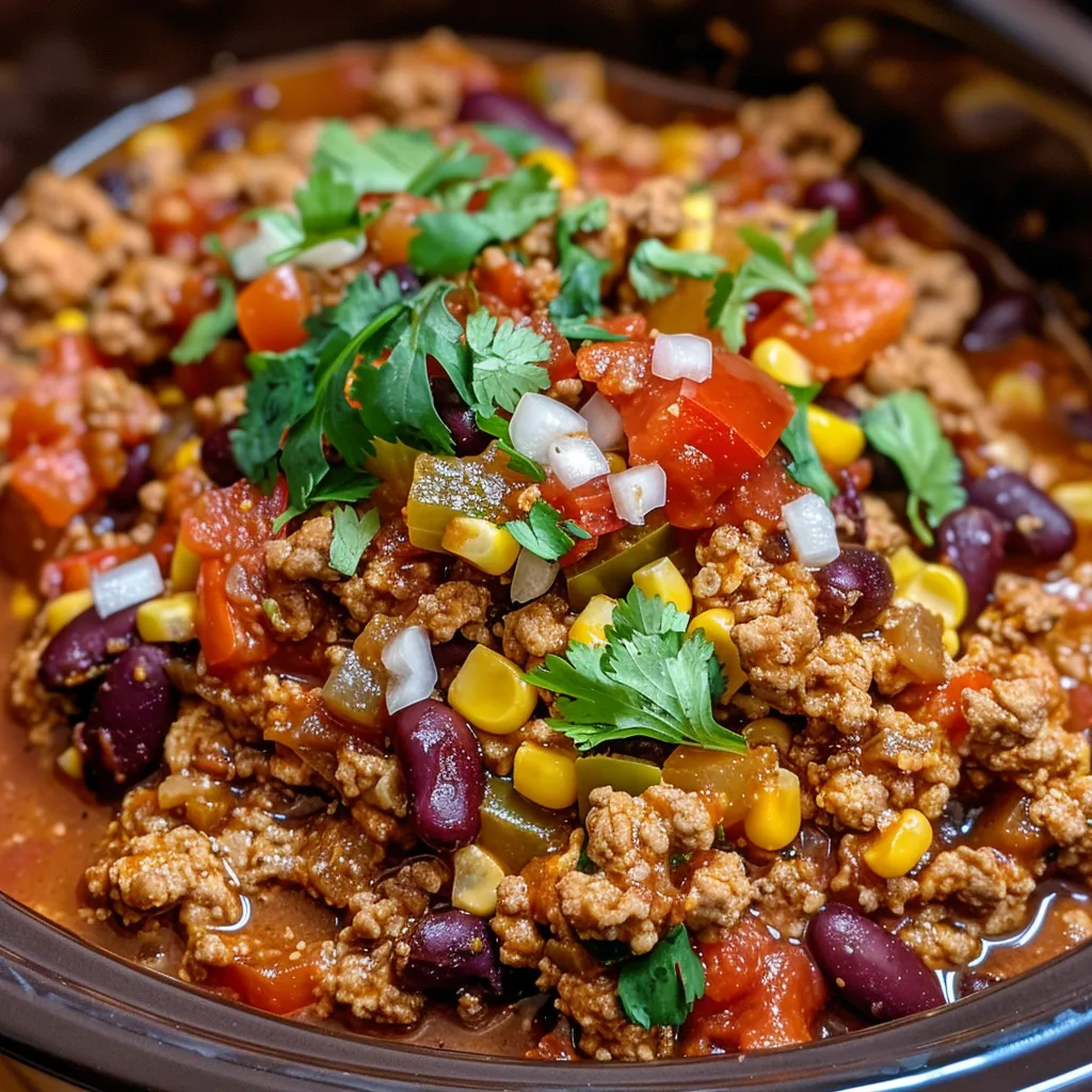Close-up of a bowl filled with Crockpot Ground Turkey Chili, showcasing its rich colors and textures.