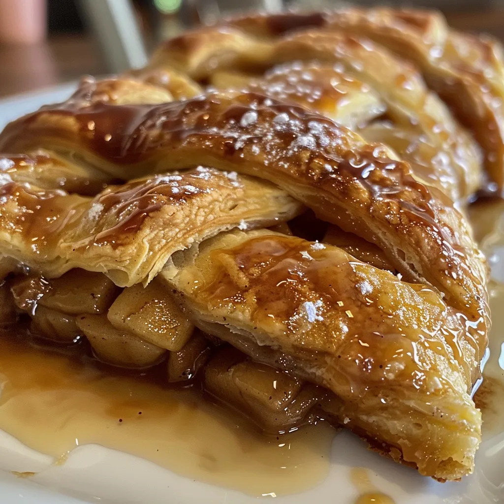 ['Close-up view of an Easy Apple Pie Danish, showcasing flaky pastry and apple filling.', 'Side angle of a homemade Easy Apple Pie Danish with golden-brown crust and apple slices.', 'Juicy Easy Apple Pie Danish featuring layers of crescent roll dough and cinnamon-spiced apples.', 'Delicious Easy Apple Pie Danish, highlighting melted butter and powdered sugar on top.']